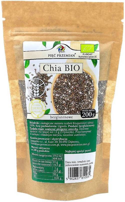 Nasiona Chia Bio Bezglutenowe 200 g Pięć Przemian - szałwia hiszpańska Ekologiczna