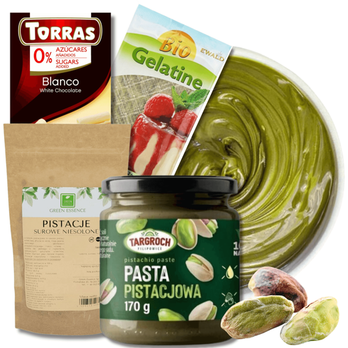 Pistacje surowe 100 g + Pasta pistacjowa Targroch + żelatyna + Czekolada Biała Torras - Zestaw