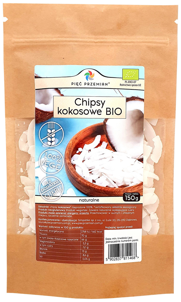 Chipsy kokosowe bezglutenowe BIO ekologiczne 150 g - Pięć Przemian