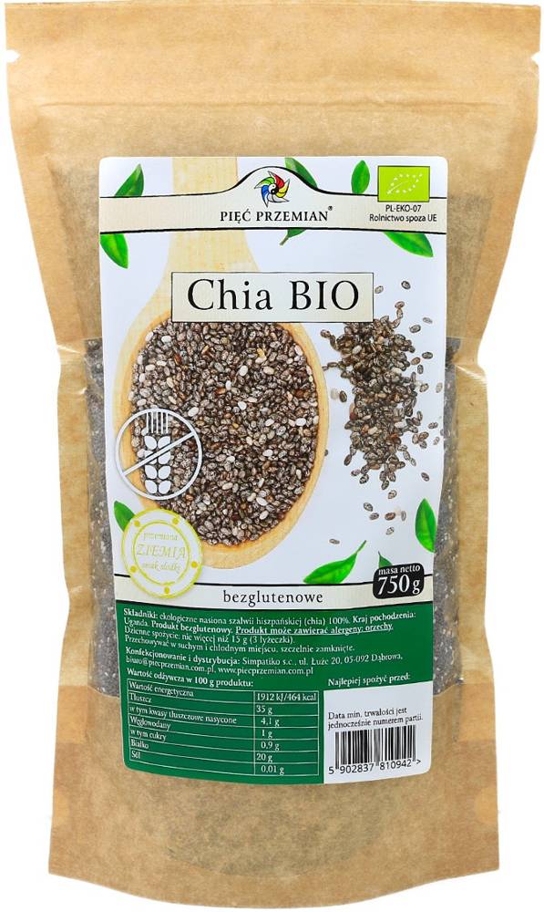 Nasiona Chia Bio Bezglutenowe 750 g Pięć Przemian - szałwia hiszpańska Ekologiczna
