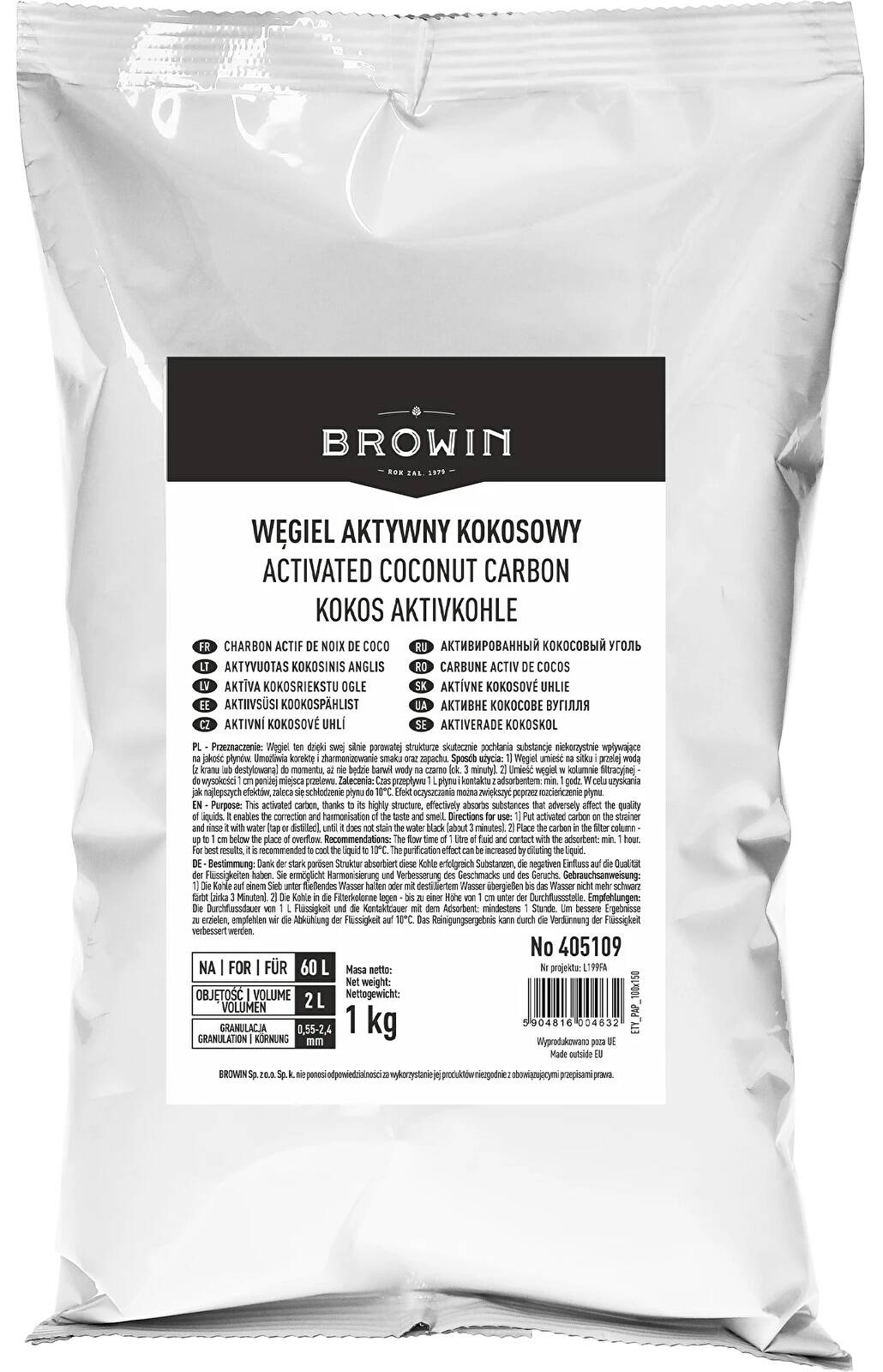 Węgiel aktywny kokosowy granulowany 1 kg Browin - aktywowany filtr gorzelniczy