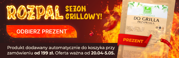 Banner dotyczący promocji przyprawa do grilla gratis przy zakupach powyżej 199 zł, obowiązującej od 20.04 do 05.05.2025