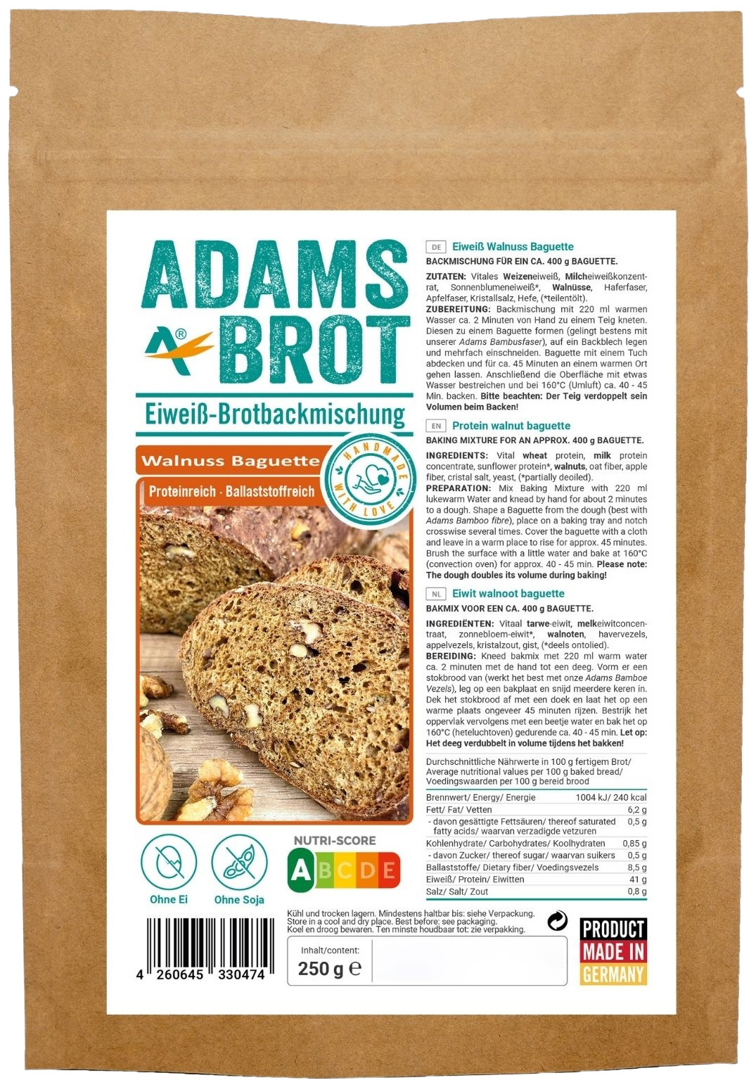 Mieszanka do wypieki bagietki - Keto bagietka 250 g - Adam's Brot Walnuss Baguette
