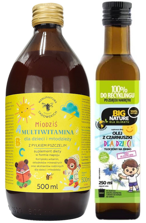 Olej z czarnuszki 250 ml Big Nature + Multiwitamina Miodziś Sadowskich 500 ml - suplement diety dla dzieci