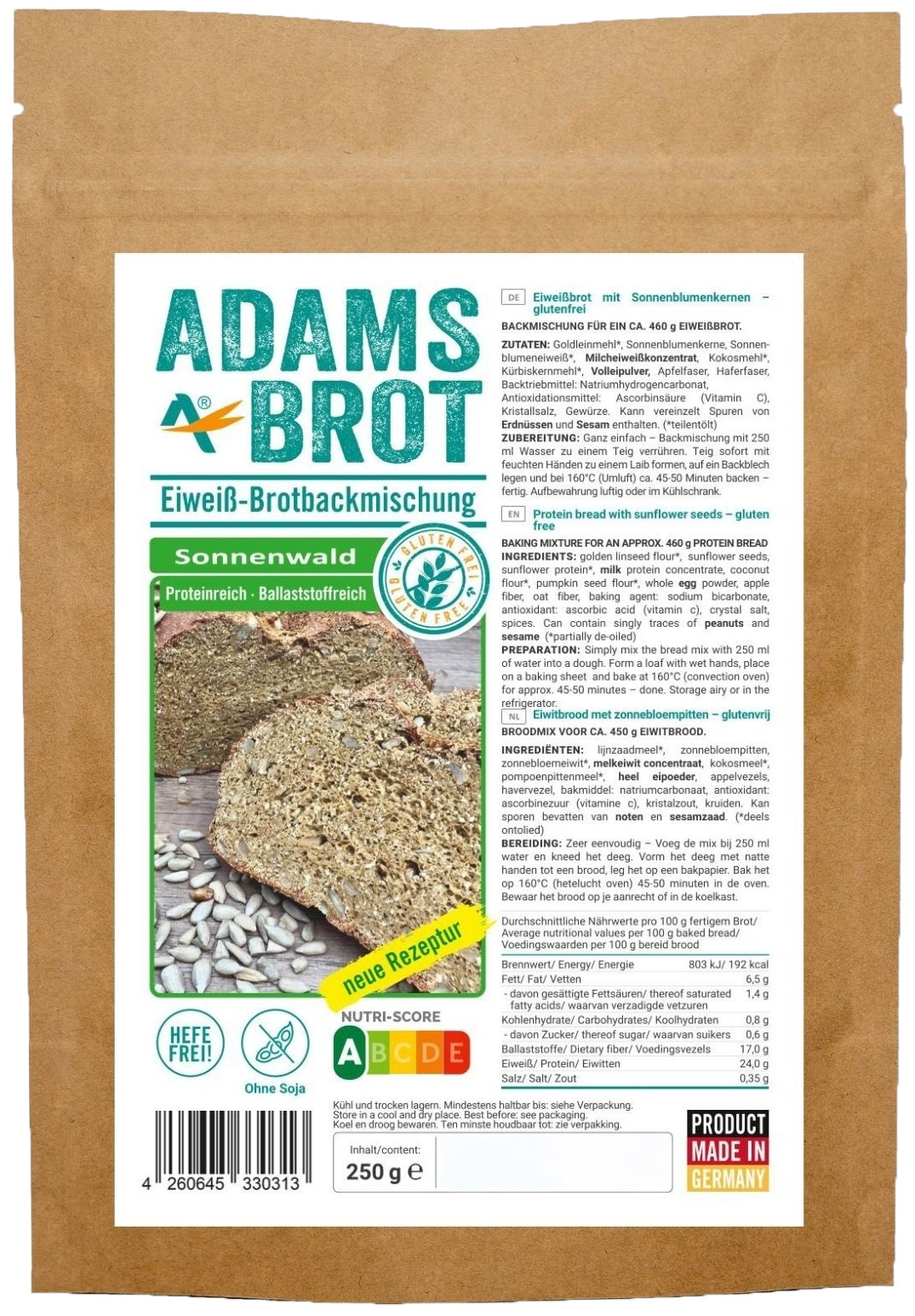 Mieszanka chlebowa z nasionami słonecznika - Keto chleb 250 g - Adam's Brot Sonnenwald