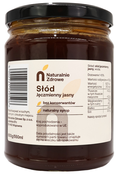 Słód jęczmienny jasny syrop 650 g/ 550 ml Naturalnie Zdrowe