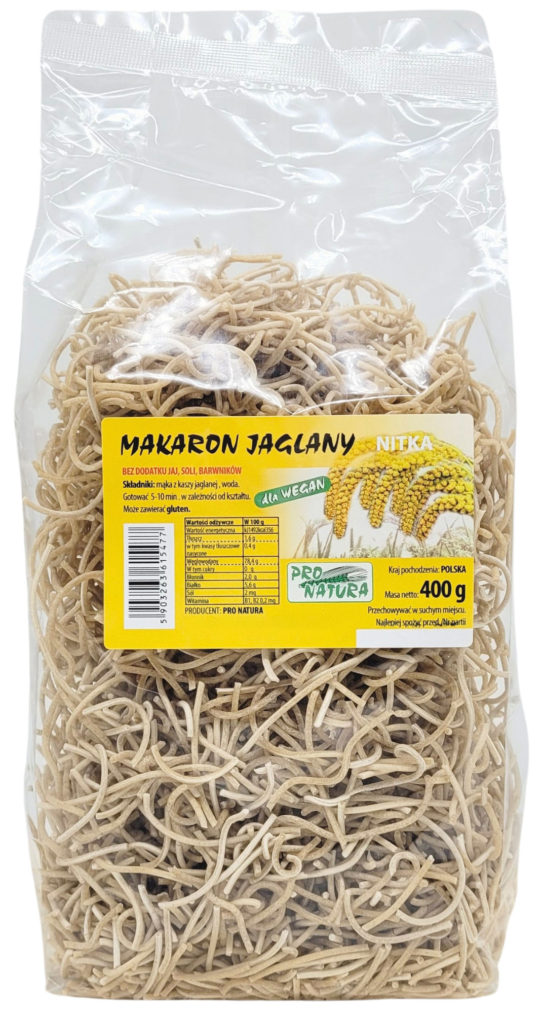 Makaron jaglany bez jaj - nitki 400 g - Pro Natura