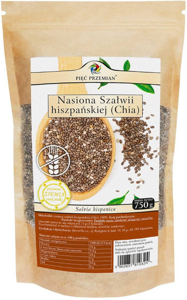 Nasiona Chia Bezglutenowe 750 g Pięć Przemian - szałwia hiszpańska