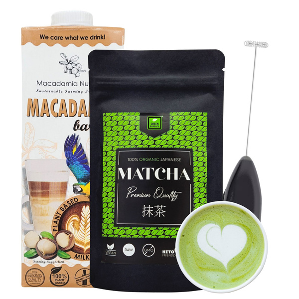 Matcha japońska Premium Quality BIO 100 g + Napój roślinny Macadamia Barista 1 L + spieniacz