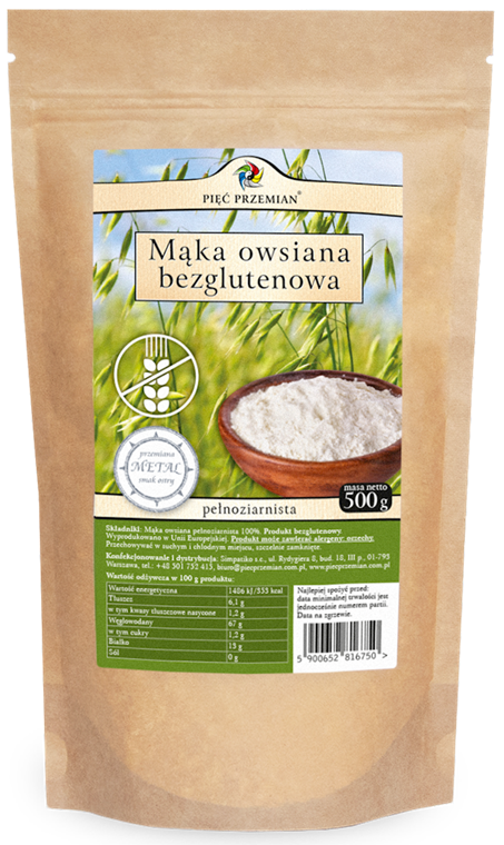 Mąka owsiana pełnoziarnista bezglutenowa 500 g - Pięć Przemian