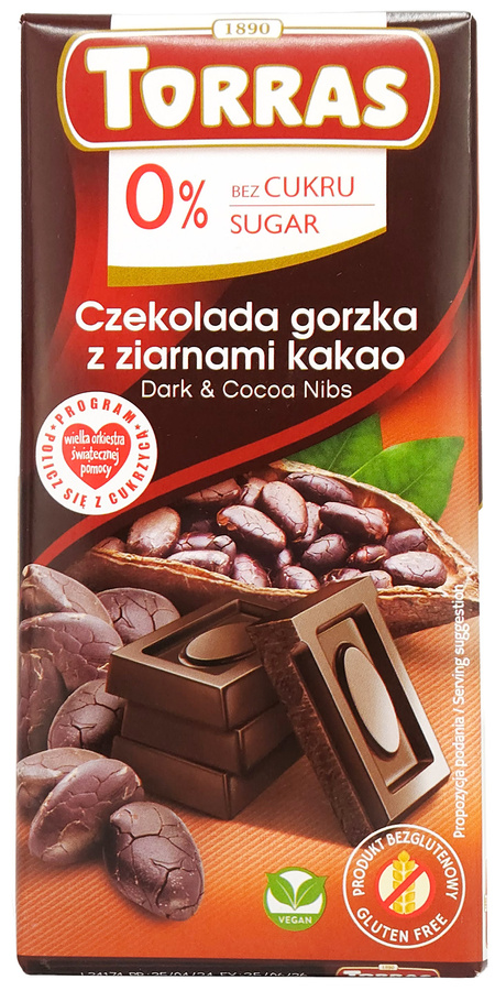 Czekolada gorzka z ziarnami kakao bez cukru 75 g Torras