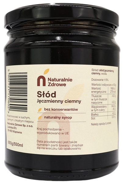 Słód jęczmienny ciemny syrop 650 g/ 550 ml Naturalnie Zdrowe