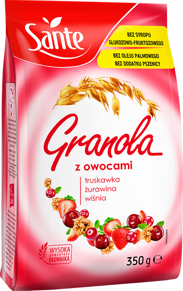 Granola owocowa z owocami - truskawka żurawina wiśnia 350 g Sante