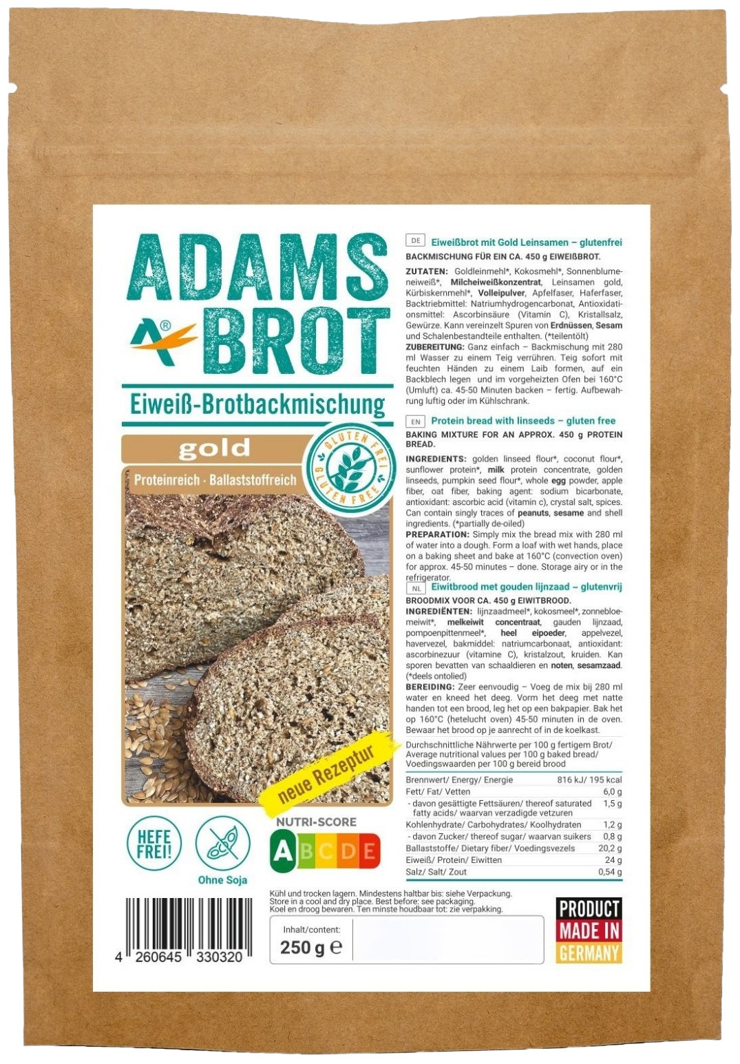 Mieszanka chlebowa bezglutenowa - Keto chleb 250 g - Adam's Brot Gold
