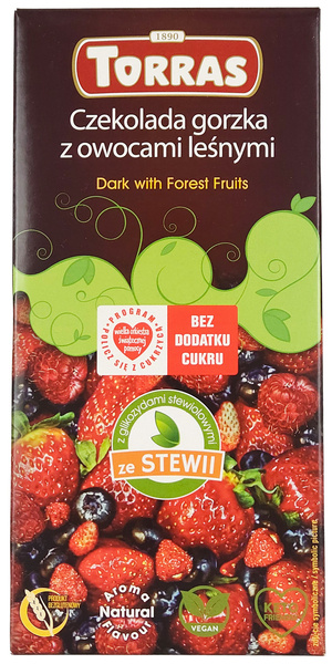 Czekolada gorzka z owocami leśnymi ze stewią Bez Cukru Bezglutenowa 125 g Torras