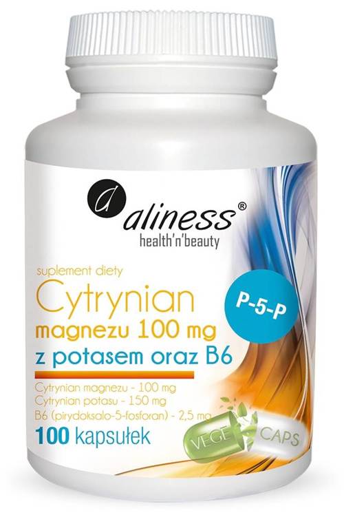 Cytrynian Magnezu 100 mg z potasem 150 mg i B6 (P-5-P) 100 kaps. Aliness - suplement diety