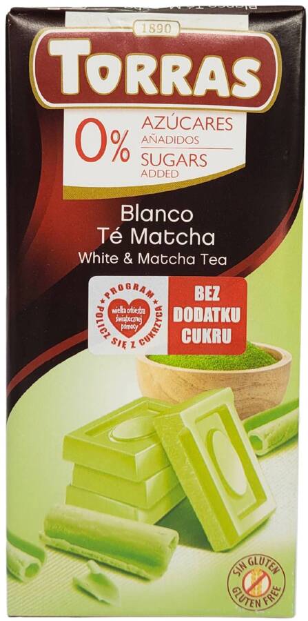 Czekolada biała z Matcha Bez Cukru Bezglutenowa 75 g Torras White & Matcha Tea