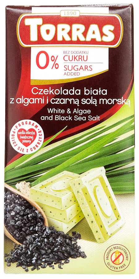 Czekolada biała z algami morskimi i czarną solą bez cukru i glutenu 75 g - Torras