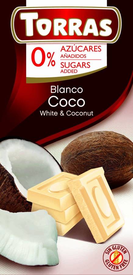 Czekolada biała z kokosem Bezglutenowa, Bez Cukru 75 g - Torras