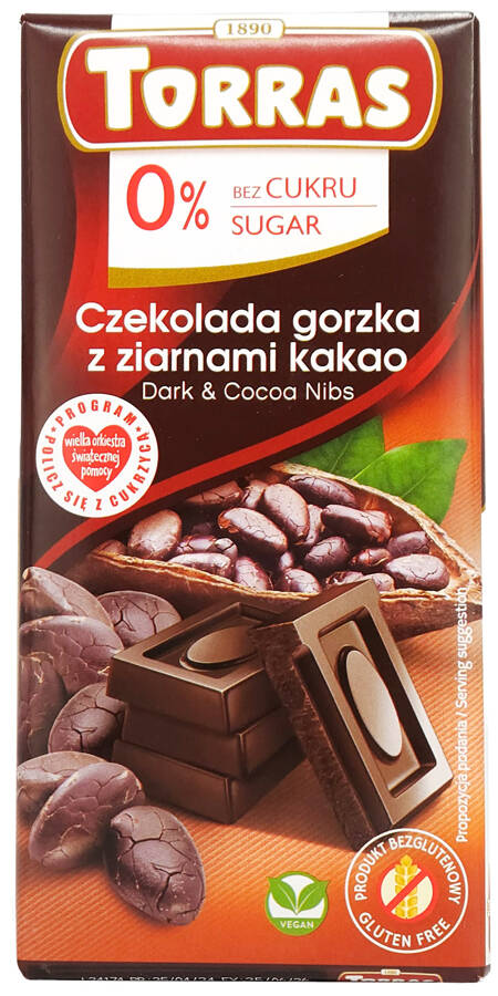 Czekolada gorzka 72% kakao Bez Cukru 75 g - Torras