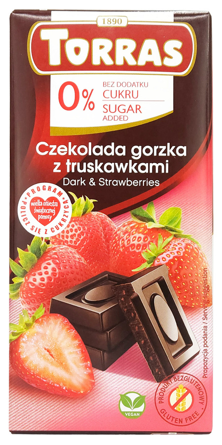 Czekolada gorzka z truskawkami bez cukru 75 g Torras