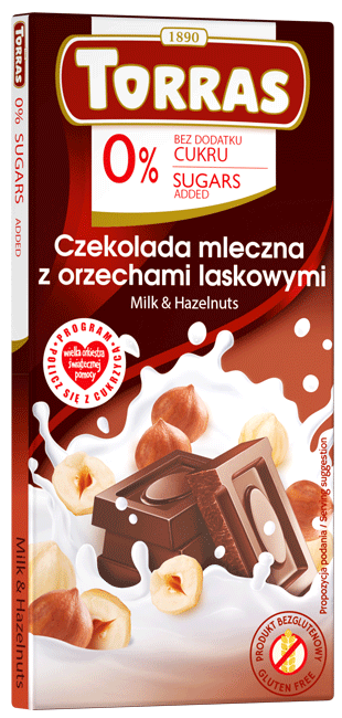 Czekolada mleczna z orzechami laskowymi Bez Cukru 75 g Torras