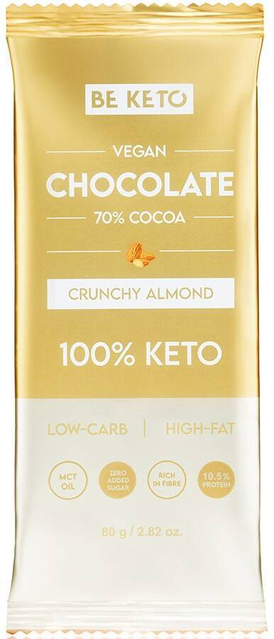 Czekolada wegańska Keto Chrupiący Migdał Olej MCT 80 g BeKeto Vegan Chocolate 70% Crunchy Almond