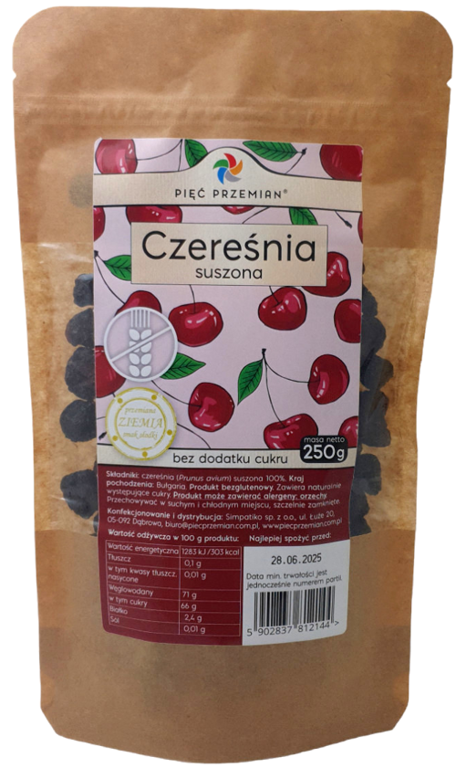 Czereśnia suszona Bez Cukru Bezglutenowa 250 g Pięć Przemian - czereśnie