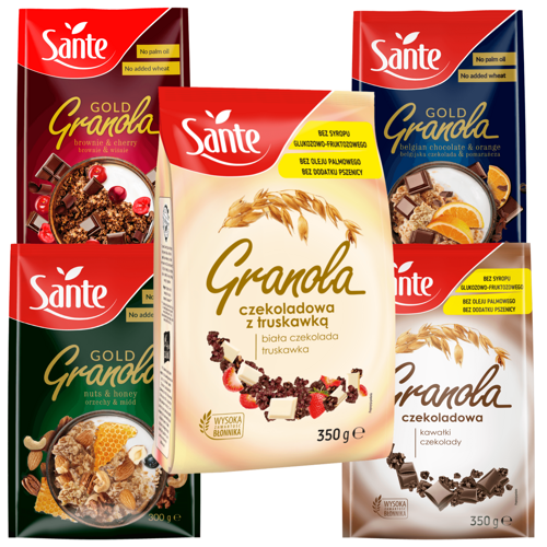 Granola 2x 350 g + Gold 3x 300 g Zestaw Sante - płatki śniadaniowe mix smaków