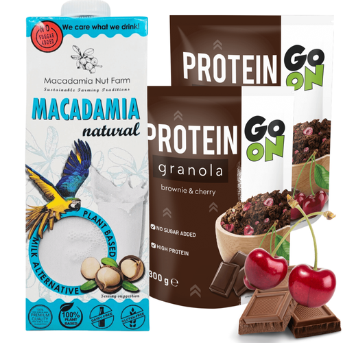 Granola proteinowa Go On Brownie Wiśnia + Napój roślinny Macadamia - Zestaw na śniadanie