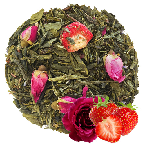 Herbata zielona Sencha Truskawki w Szampanie 50 g - rodzynki róża pączki lawenda
