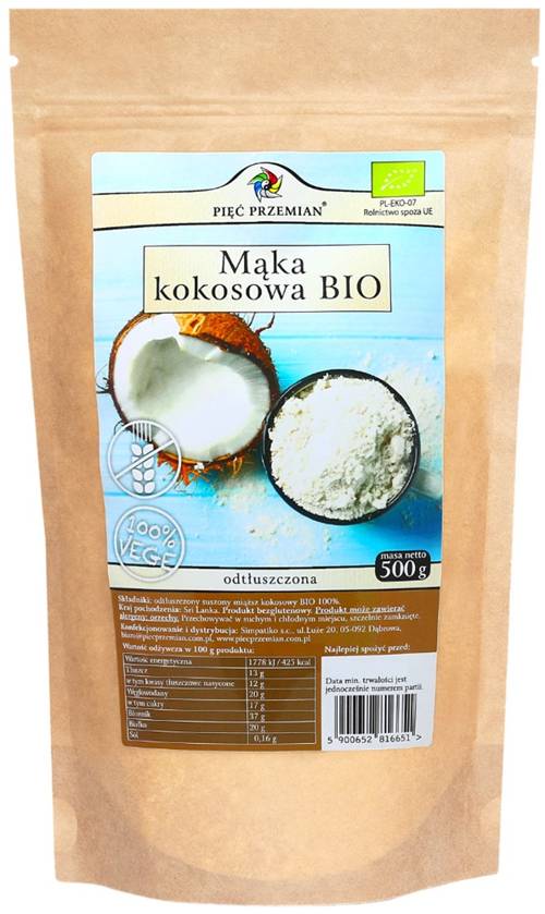Mąka kokosowa odtłuszczona BIO 500 g - Pięć Przemian