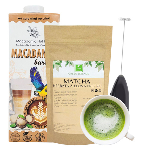 Matcha zielona herbata 100 g + Napój roślinny Macadamia Barista 1 L + spieniacz - Zestaw Matcha Latte