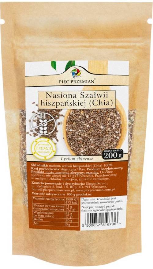 Nasiona Chia Bezglutenowe 200 g Pięć Przemian - szałwia hiszpańska