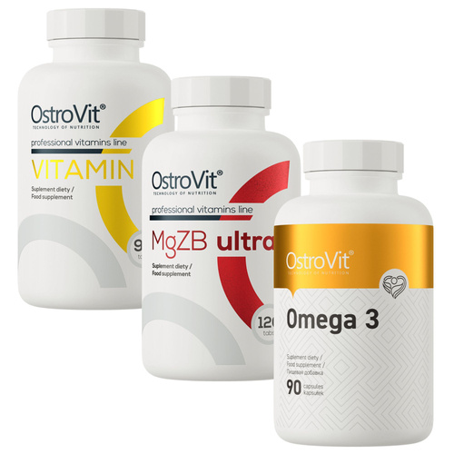 Omega 3 + Witamina C + MgZB Ultra OstroVit ZESTAW - suplementy diety ODPORNOŚĆ
