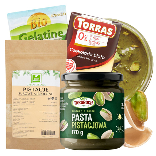 Pistacje surowe 100 g + Pasta pistacjowa Targroch + żelatyna + Czekolada Biała Torras - Zestaw