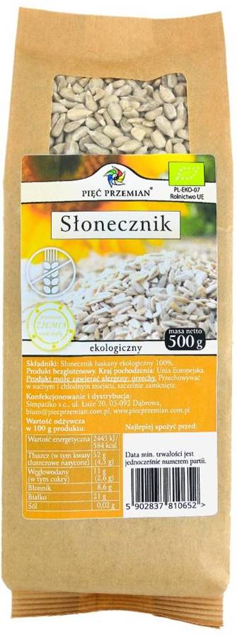 Słonecznik łuskany Bezglutenowy Ekologiczny Bio 500 g Pięć Przemian