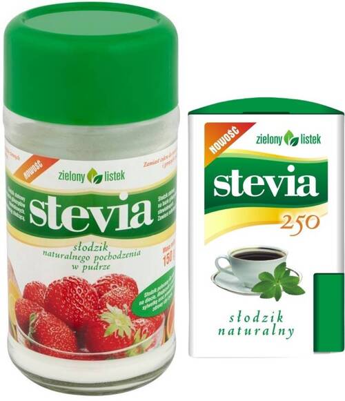 Stevia słodzik naturalny puder 150 g + Stewia tabletki 250 sztuk- Zestaw Zielony Listek