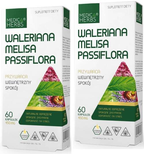 Waleriana Melisa Passiflora 450 mg Zestaw 2x 60 kaps. Medica Herbs - suplement diety