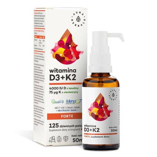 Witamina D3 4000 + K2 MK-7 Forte - Suplement Diety krople 50 ml - Aura Herbals