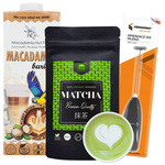 Matcha japońska Premium Quality BIO 100 g + Napój roślinny Macadamia Barista 1 L + spieniacz