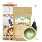 Matcha zielona herbata 100 g + Napój roślinny Macadamia Barista 1 L + spieniacz - Zestaw Matcha Latte