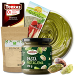 Pistacje surowe 100 g + Pasta pistacjowa Targroch + żelatyna + Czekolada Biała Torras - Zestaw