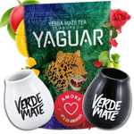 Zestaw do Yerba Mate dla dwojga - matero białe czarne Verde Mate + Yaguar Amore 500 g